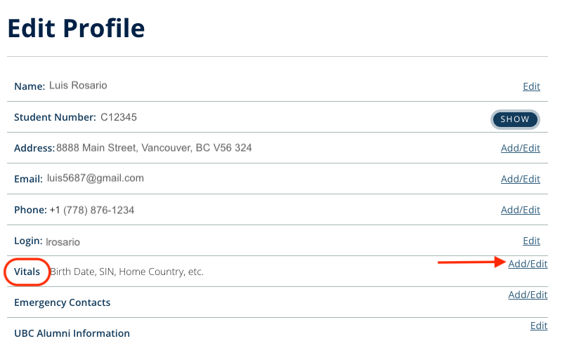 Screenshot of how to edit profile, select Vitals and Add/Edit