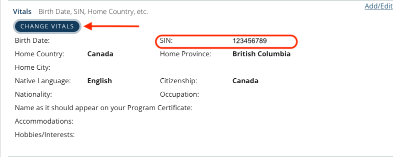 Screenshot to show where to Change Vitals and enter your SIN.