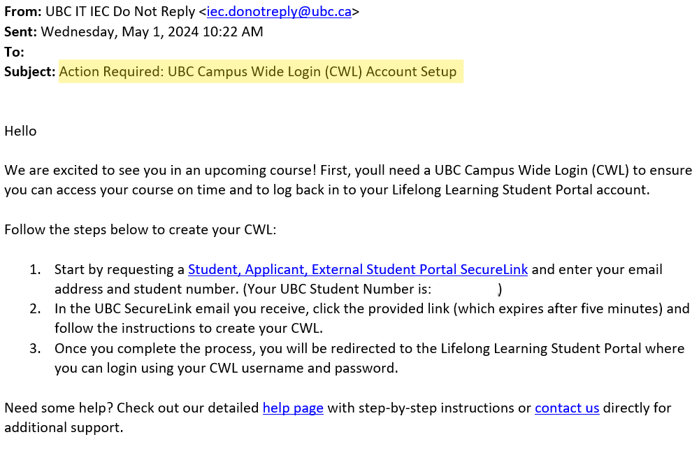 Screenshot of CWL email