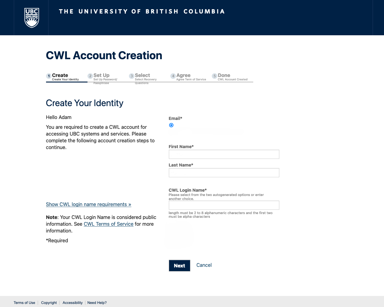 Screenshot of CWL Account Creation